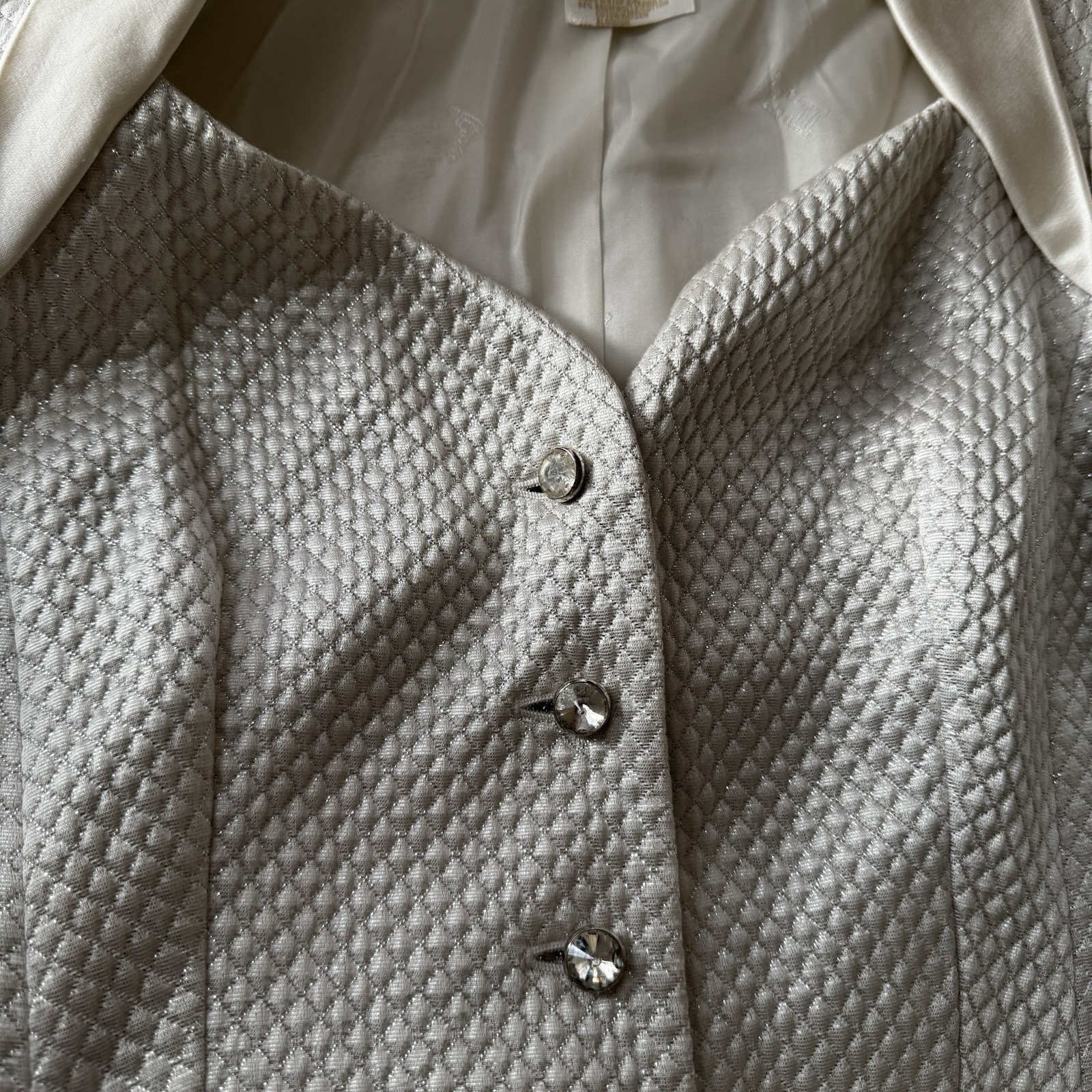 Vintage ESCADA COUTURE Silk Cotton White Silver Suit Jacket Blazer sz 34 Luster