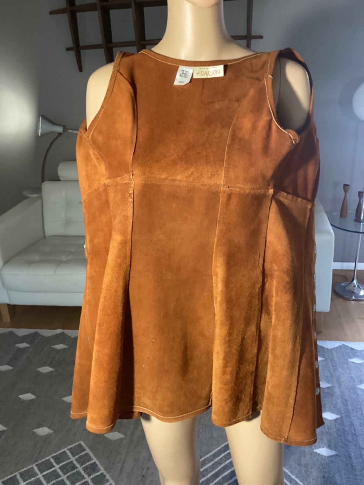 Vintage 1970&rsquo;s Brown Suede Leather Mini Dress Hippie Woodstock XS/S