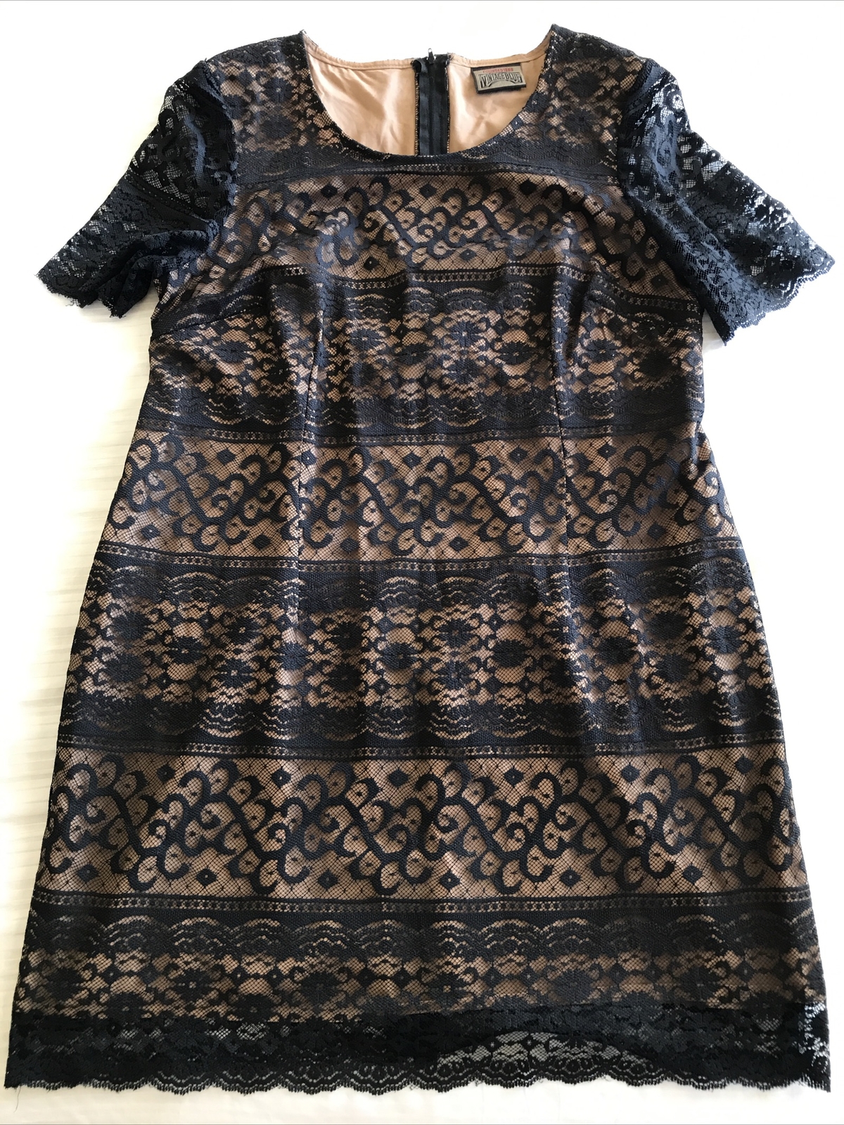 VINTAGE BLUE Sz 18 black LACE dress Made in USA Sleeve,lining,SHOULDER PADS HOCO