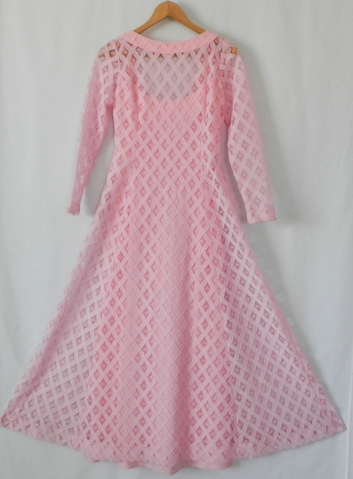 Vtg ILGWU Unionmade Dress Pink Lace Maxi Fit-Flared Long Sleeve Size S