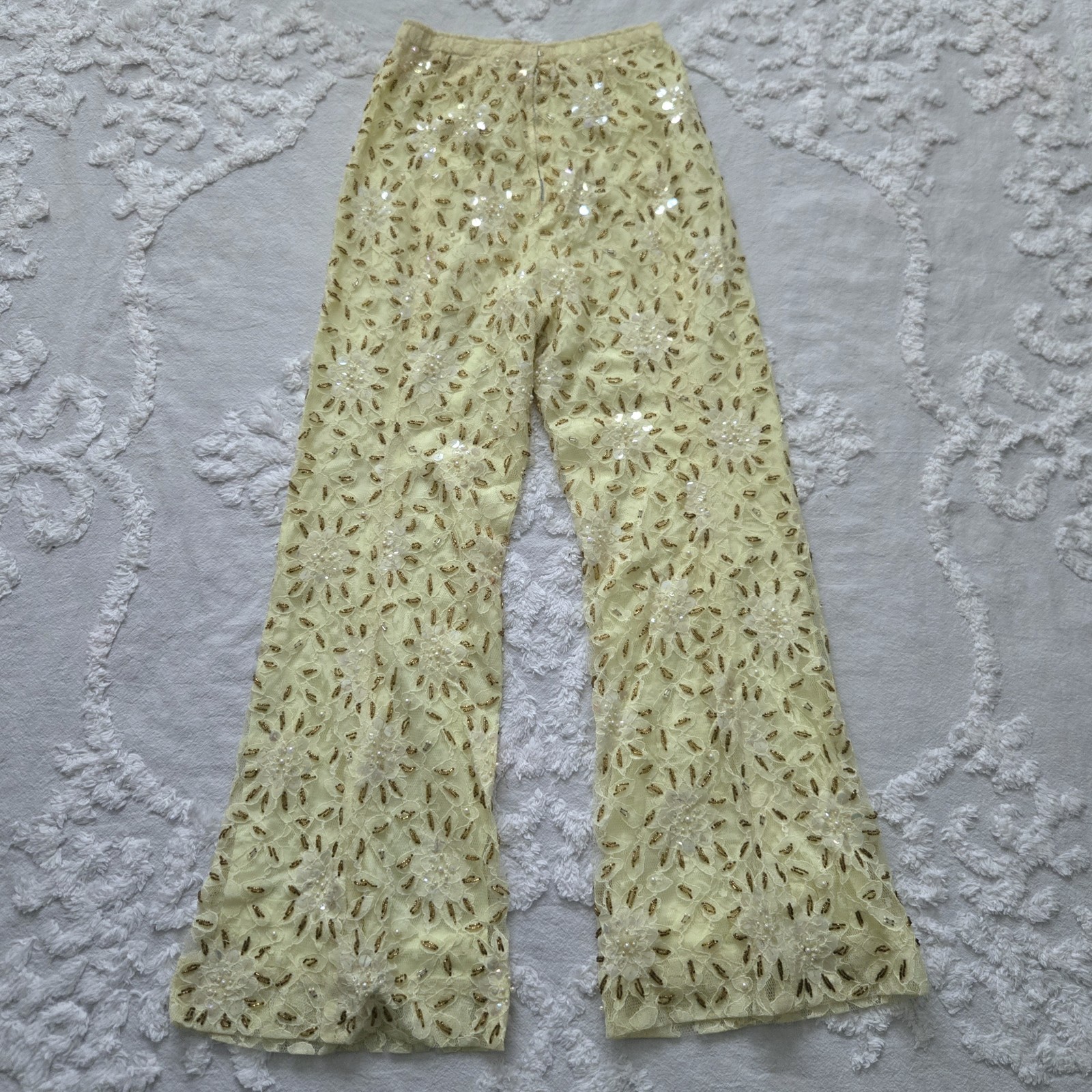 Vtg 60s 70s Beaded Tunic Top & Pants Set, Yellow & Gold, Vacation, S