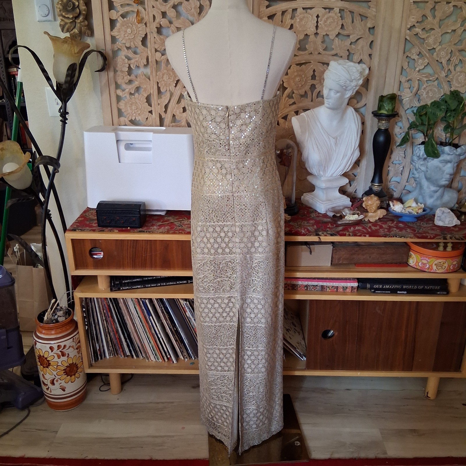 Vintage 1990s Crochet Metallic Sequin Empire Waist Rhinestone Deadstock Dress