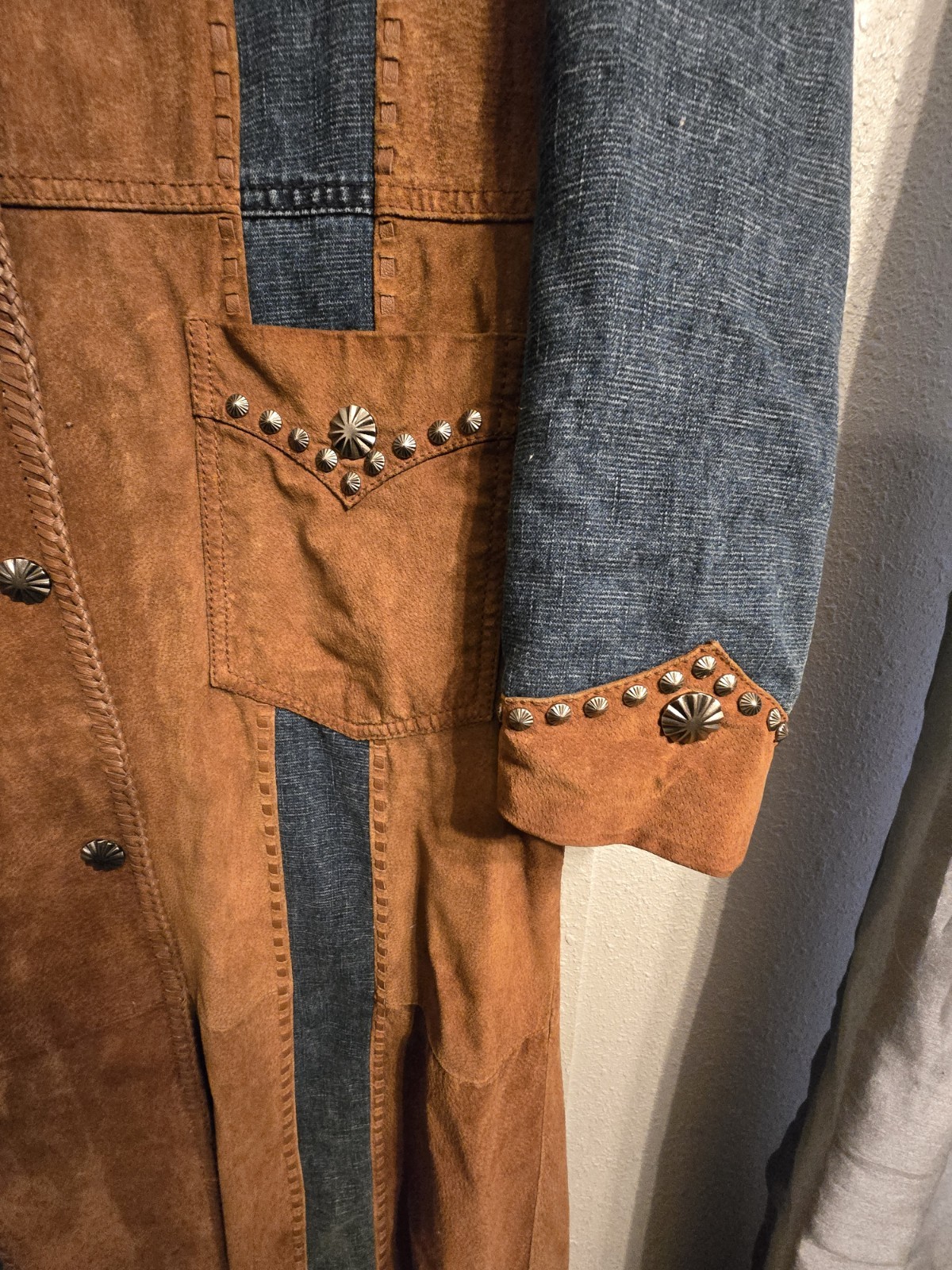 Vintage Cripple Creek Western Leather Denim Duster Long Jacket Trench Coat