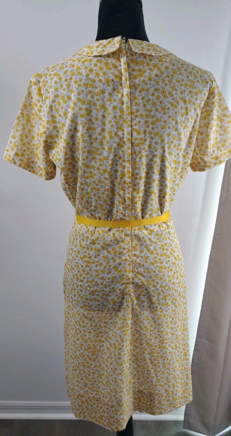 Vtg Serbin Of Florida 50s Yellow Floral Cotton Pleated Button Up Day Dress M