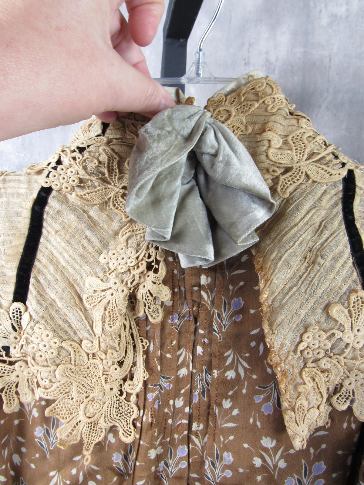 Antique Victorian 1890s Brown & Blue Silk Floral Calico Print Dress Maxi Vintage
