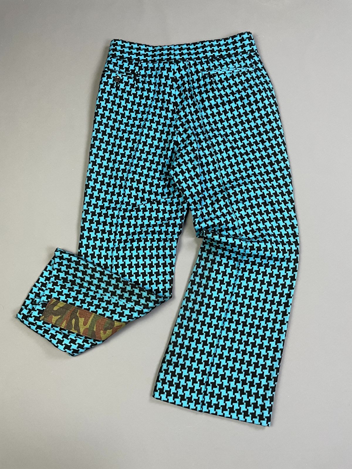 Comme Des Garcon 1990S CHUNKY WOVEN HOUNDSTOOTH & CAMO LIGHT FLARE TROUSERS Blue