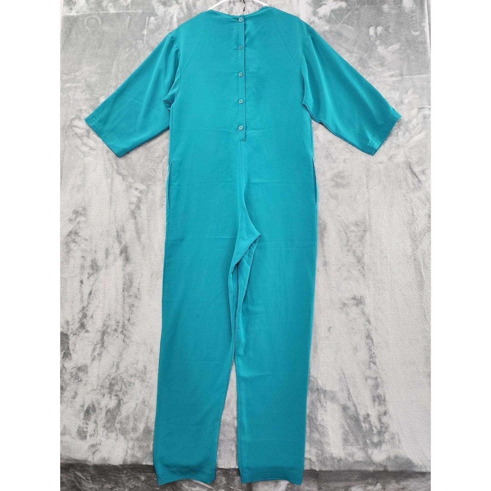 Vintage Frances Henaghan Jumpsuit Womens 8 Teal Blue Silky Tie Belt Long Sleeve