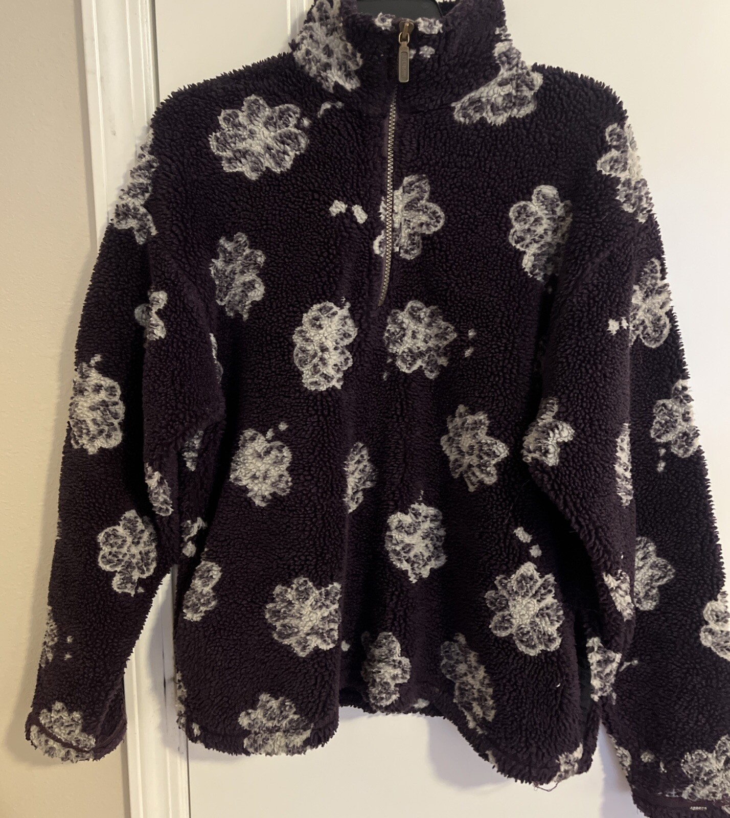 Vintage L.L. Bean Sherpa Fleece Jacket Flower Print Purple Women&rsquo;s M:Youth XL