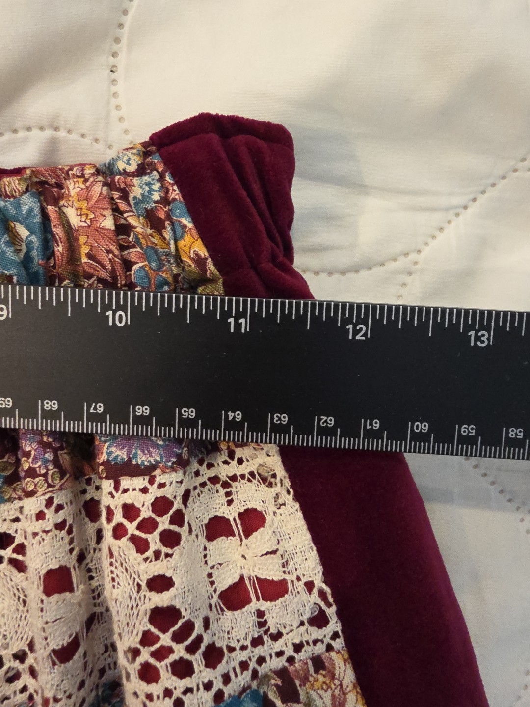 70s Floral Lace Patchwork Maroon White Long Skirt Cotton Blend Mr. Hank Sz L EUC