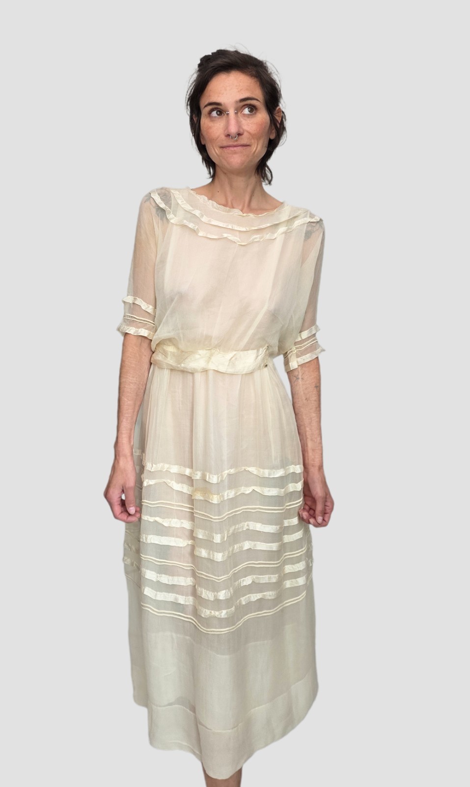 1910s Ivory Silk Chiffon Dress | Edwardian Tea Dress | Sheer Ribbon Trim Antique