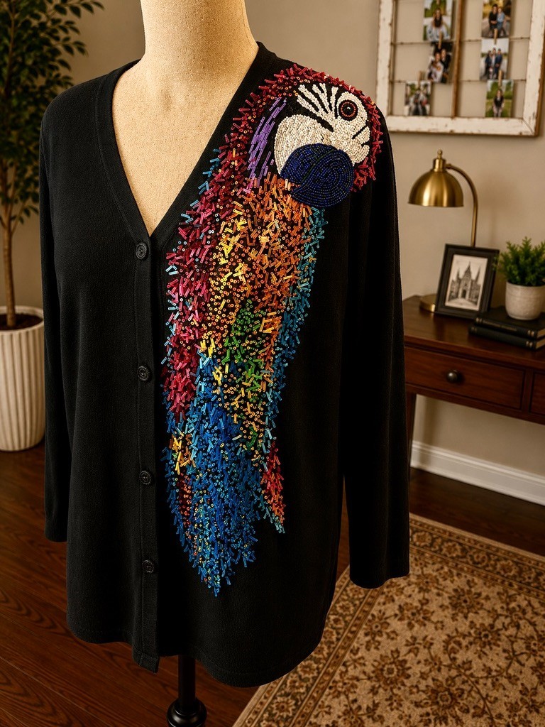 VTG 2001 Michael Simon New York Black Beaded Silk Cotton Parrot Cardigan Womens