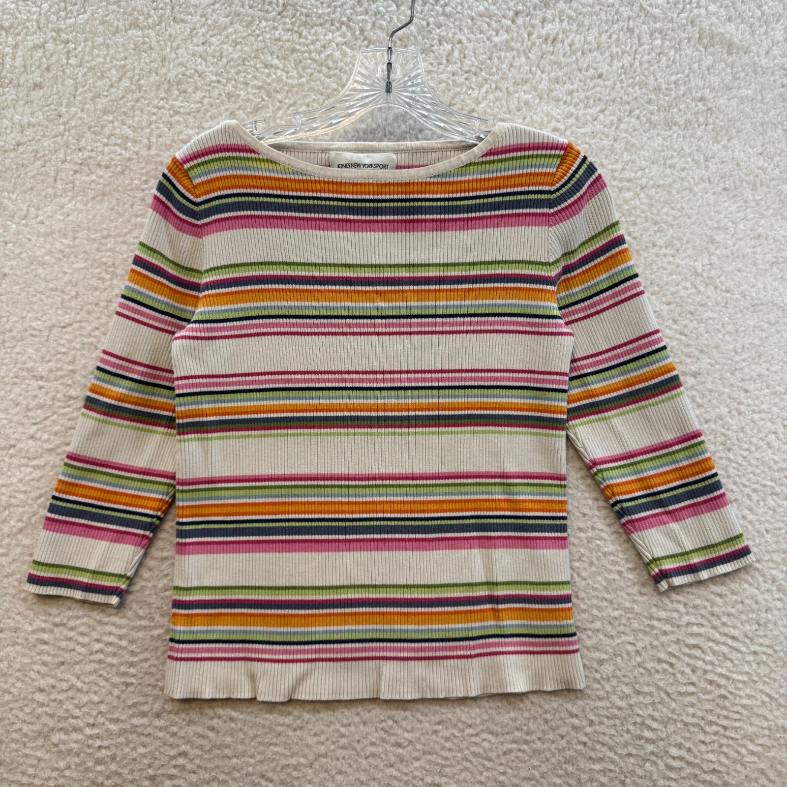 Y2K Vintage Striped Sweater Top Medium Colorful Rib Knit Boat Neck 3/4 Sleeve