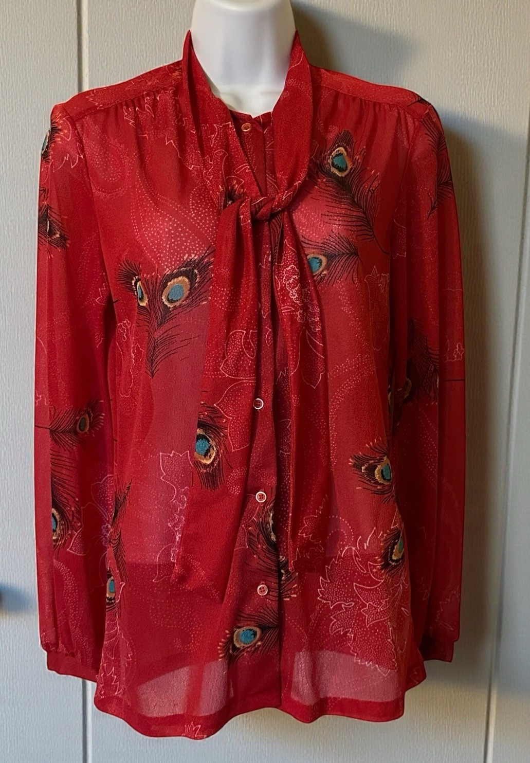 Vintage 70s Ship N Shore Sheer Peacock Feather Blouse USA Union Made Size 8