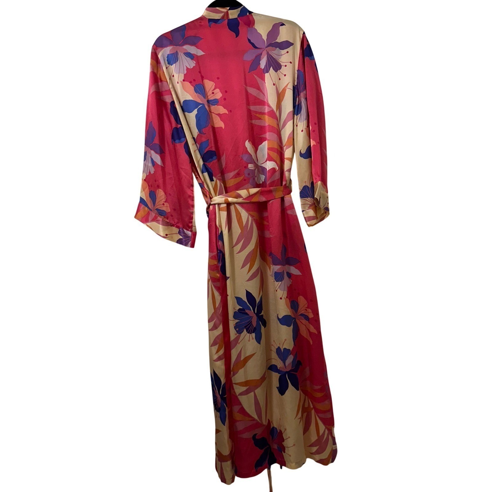 August Silk Intimates Pink Floral 100% Silk Vintage Long Wrap Robe XL Tropical