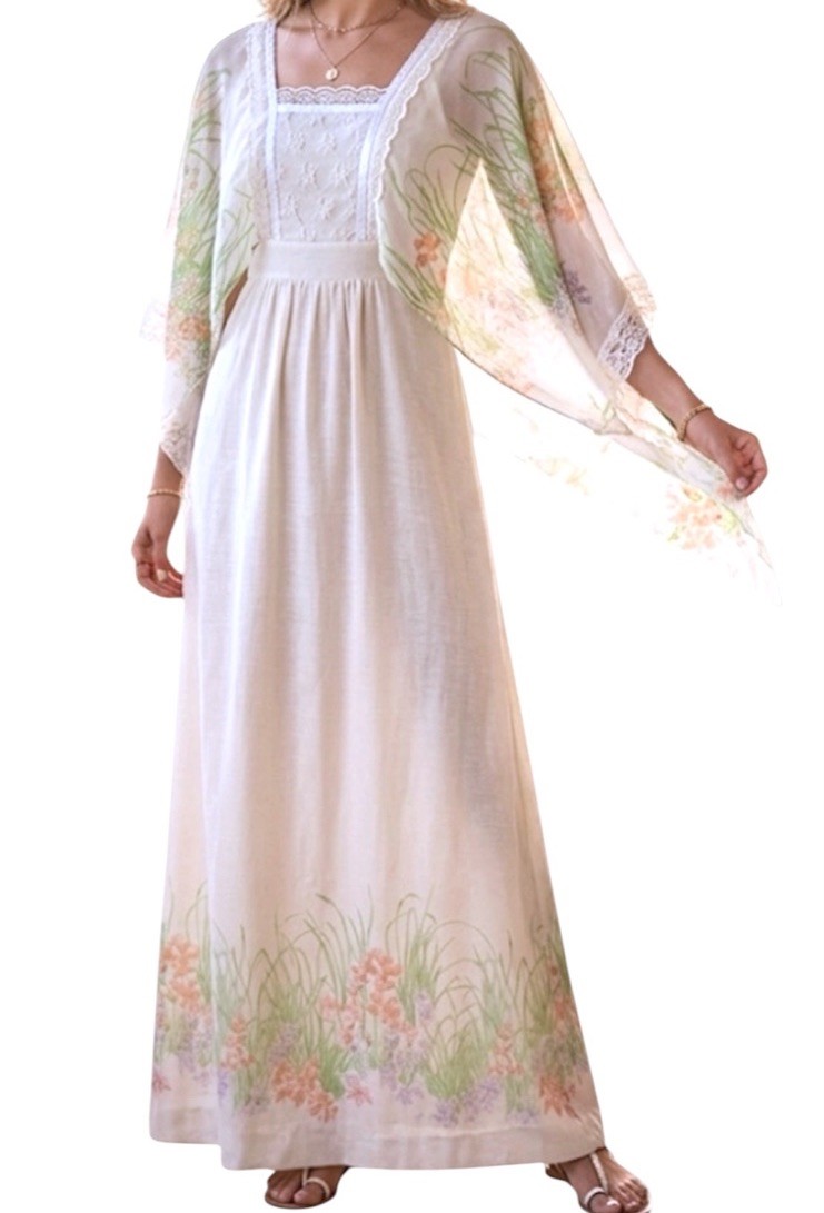 Tere Tereba for Young Reflections Ivory Floral Hippy Boho Maxi Dress Size XS/S