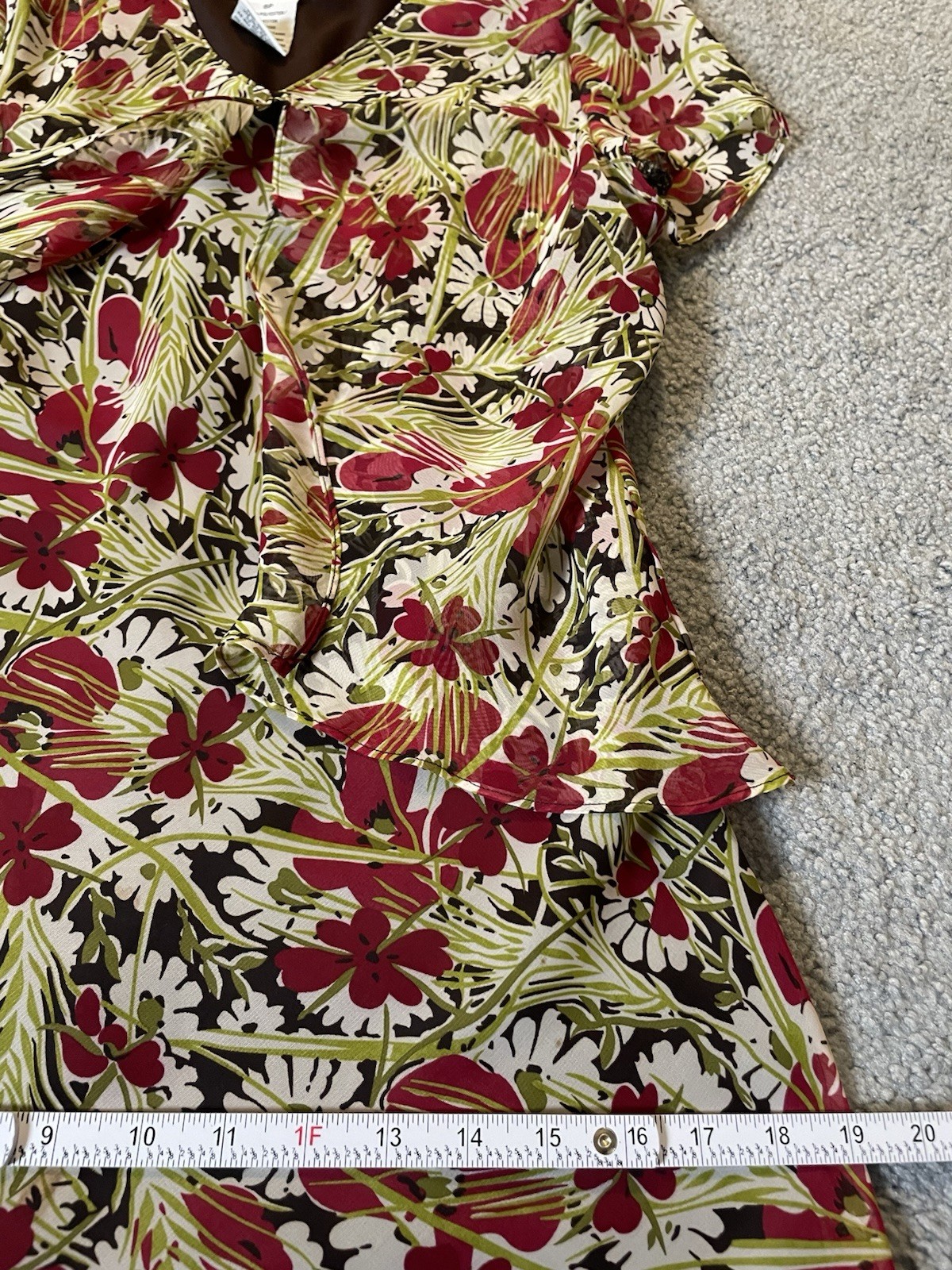 80’s R&K Originals Layered Floral Dress 8P Green Red Chiffon Career Boho Party