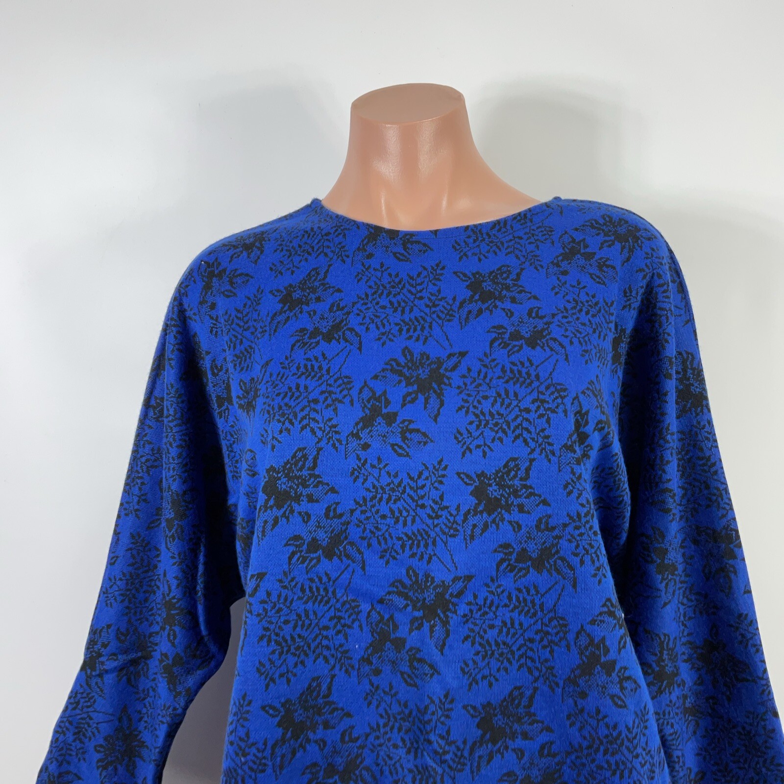 Vintage 80s C. E. Stanton Career Blue Floral Boat Neck Tunic Blouse Top sz M