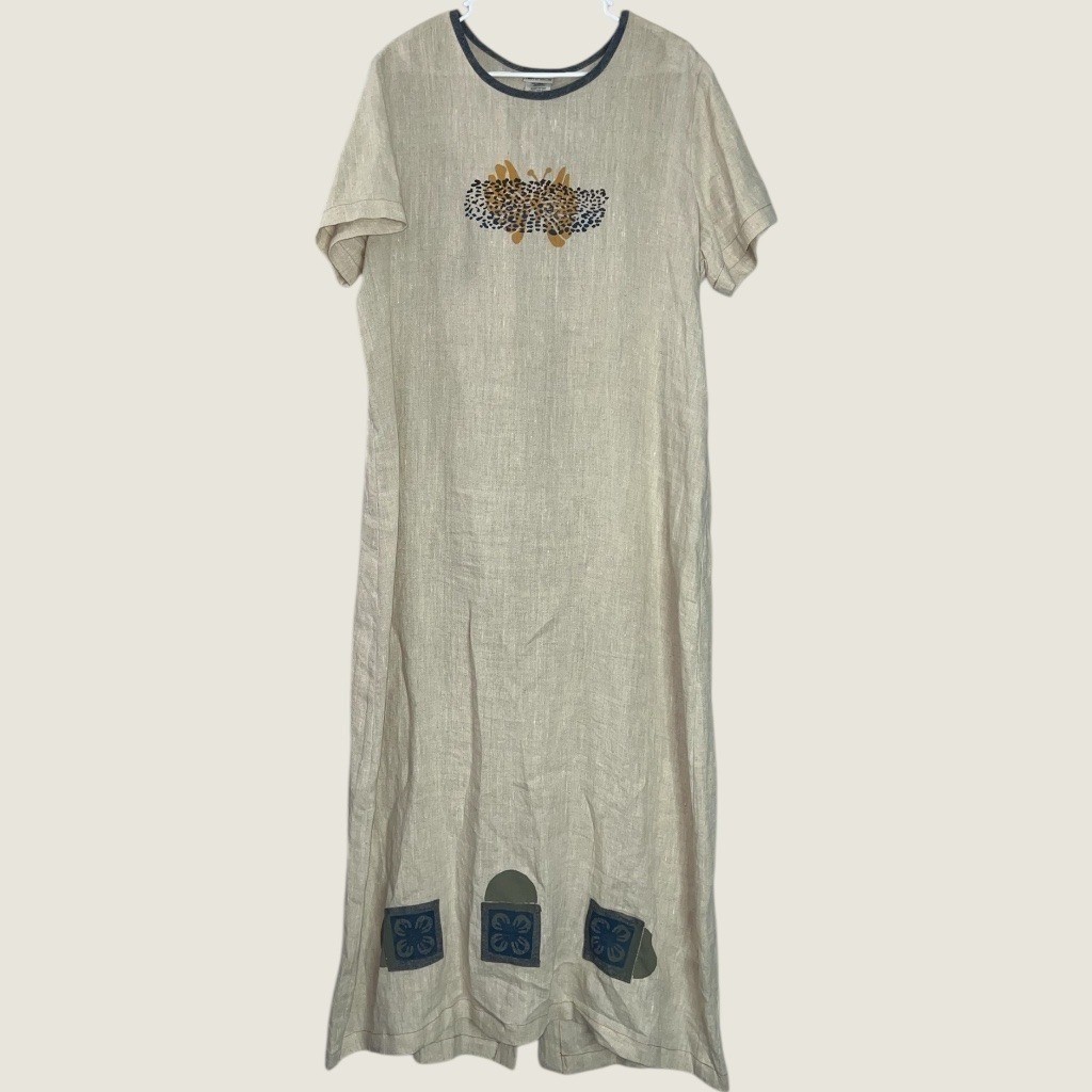 Reminisce Vintage Linen Patchwork Dress & Vest Set XL Boho Artisan Coastal USA