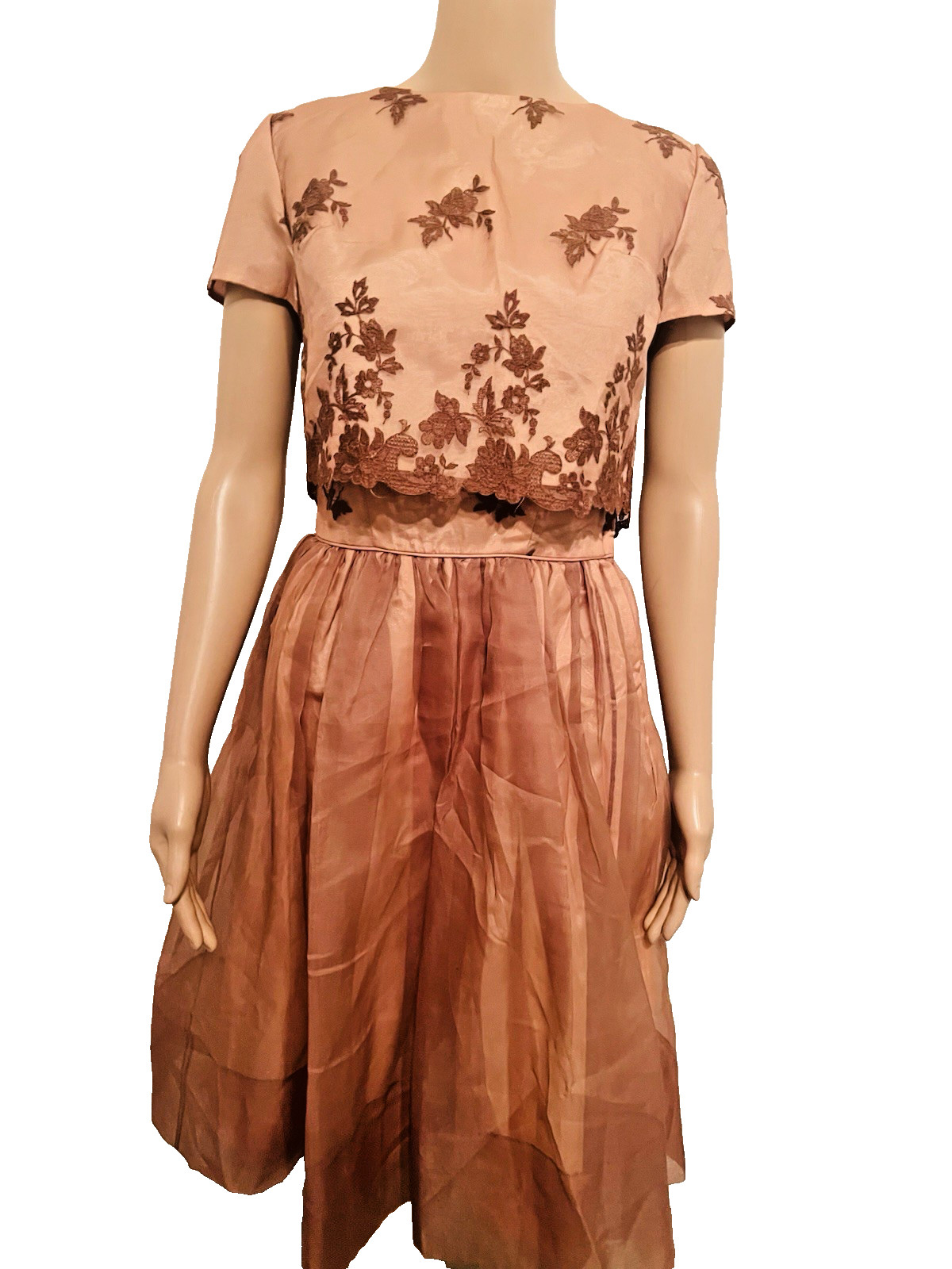 VTG 50s Nina 2pc Copper/Brown Cocktail Dress & Jacket Embroidered Floral Lace M*