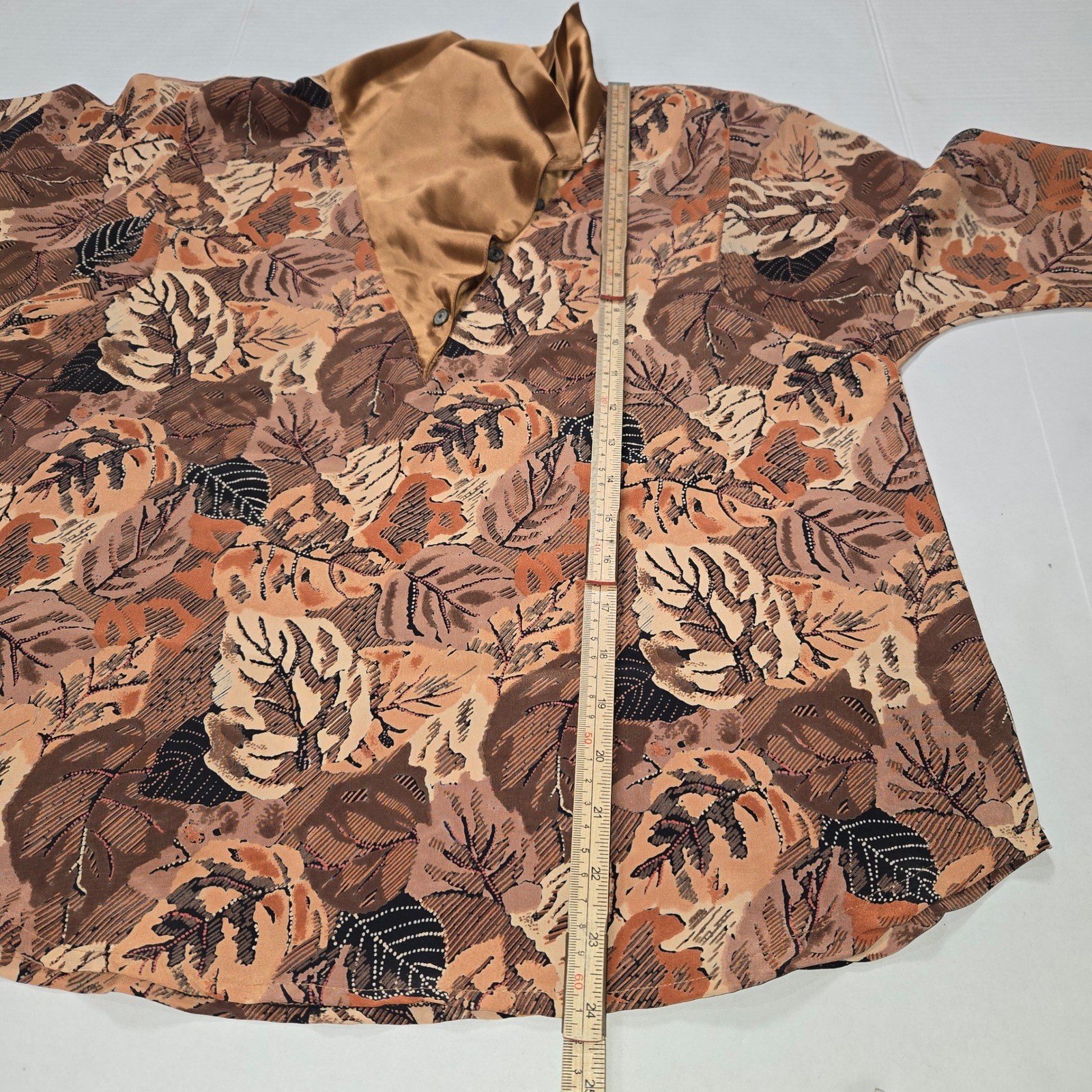 Vintage Macaw Womens Leaf Print Blouse Asymmetrical Satin Collar Brown Copper