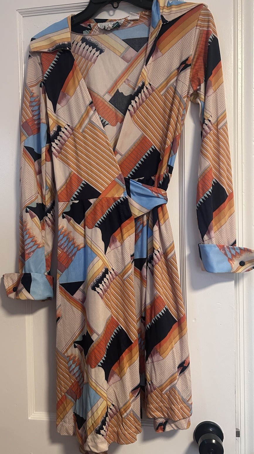 Vintage 70s Huk-A-Poo Wrap Dress Geometric Disco Print XS S Nylon Jersey Mod