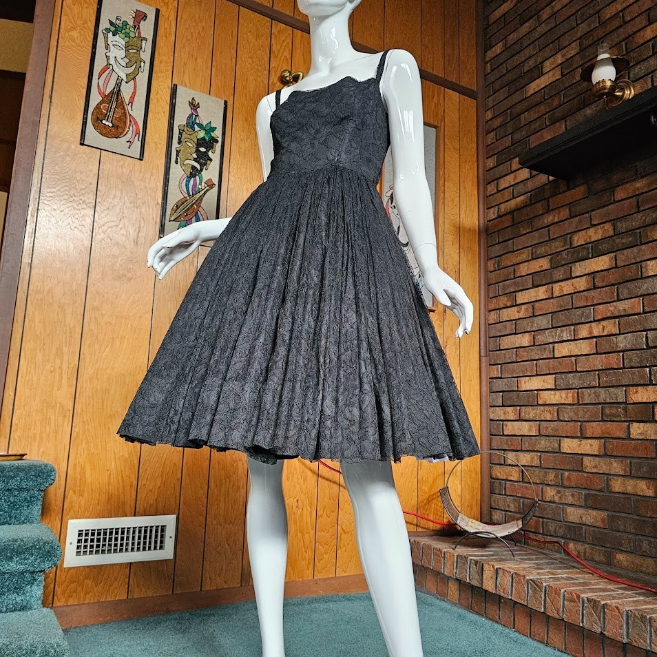 Vtg 50s Spooky Prom Black Lace Full Circle Skirt Party Goth Evening Dress S/M