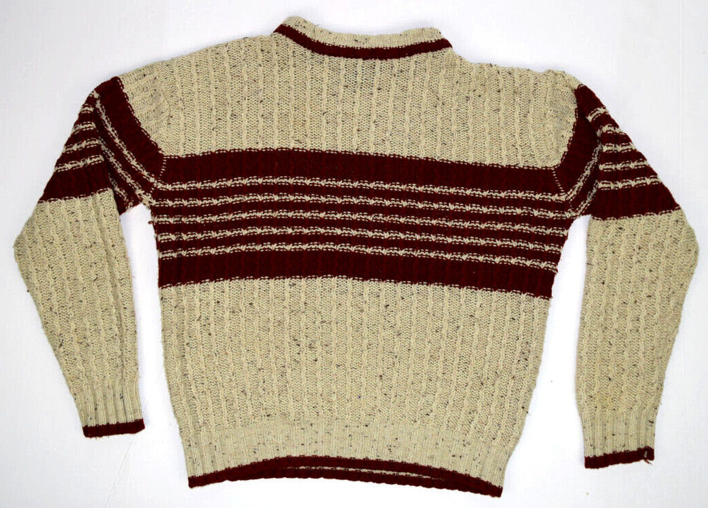 Vintage Sweater Ashley Size M 70s Light Chunk Oatmeal Maroon Stripe Grunge