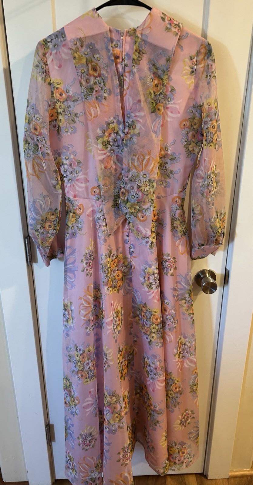 Avalon Classics Pink Floral Chiffon Maxi Dress Gown Sz 12 Cottage ILGWU Label