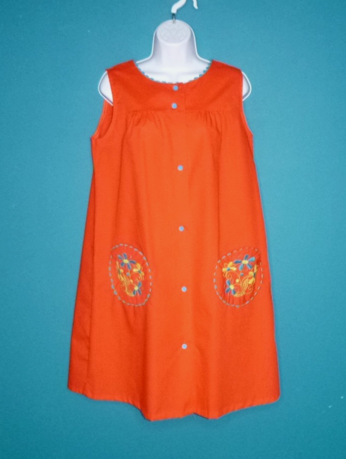 Vtg 60s 70s House Dress Red W/ Turquoise & Yellow Embroidery & Trim Sz M