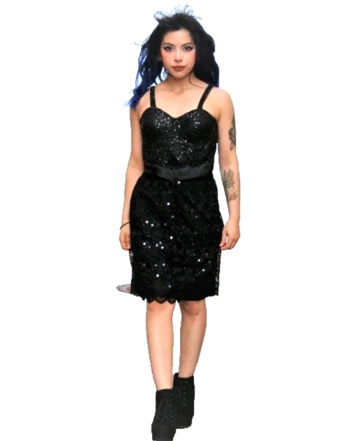 Vintage Surya 3 pc Skirt Outfit Set S/M Women Black Sequin Lace Bustier Top