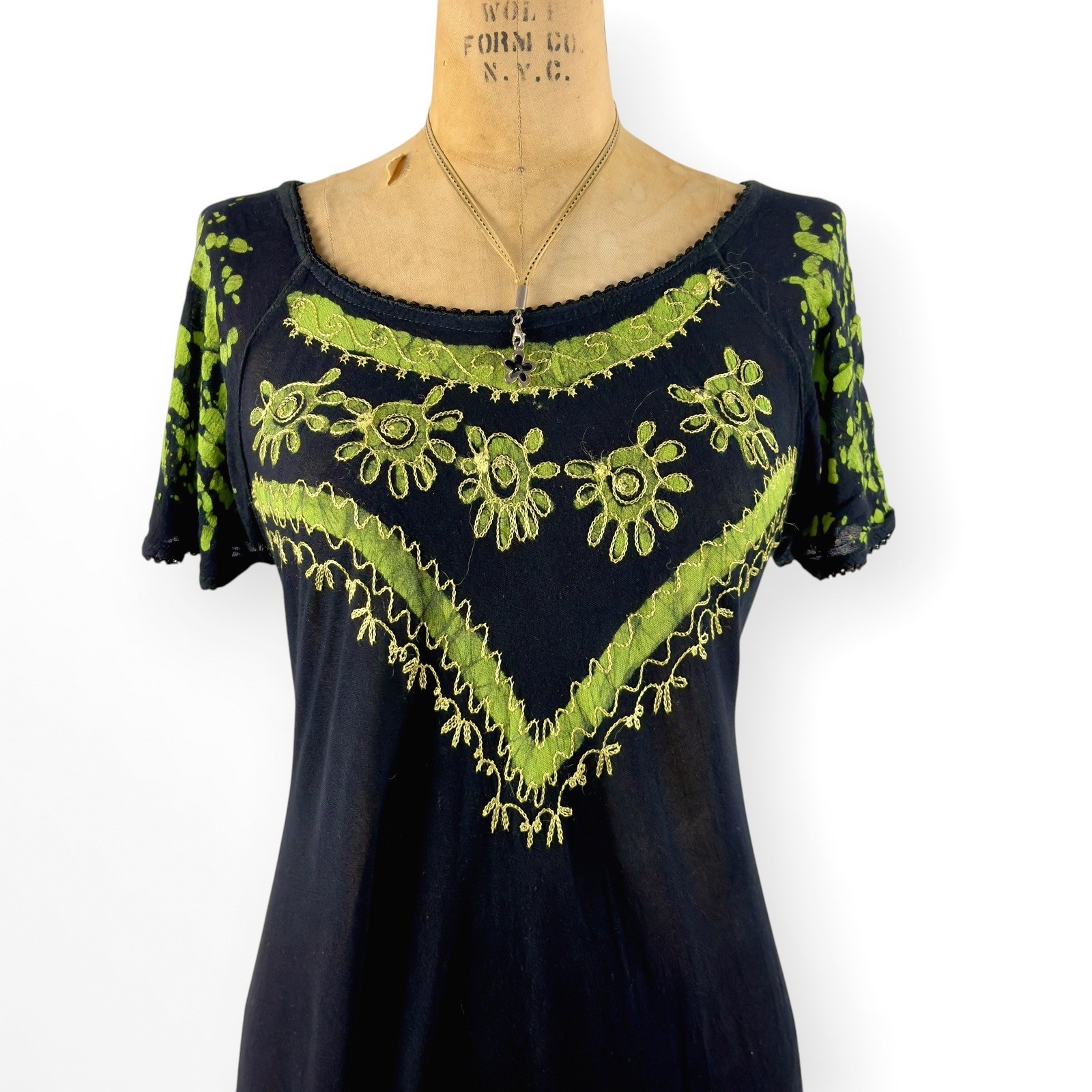 90s Embroidered Batik Midi Dress Umbrella Hem Cap Sleeve Rayon Hippie S M L XL