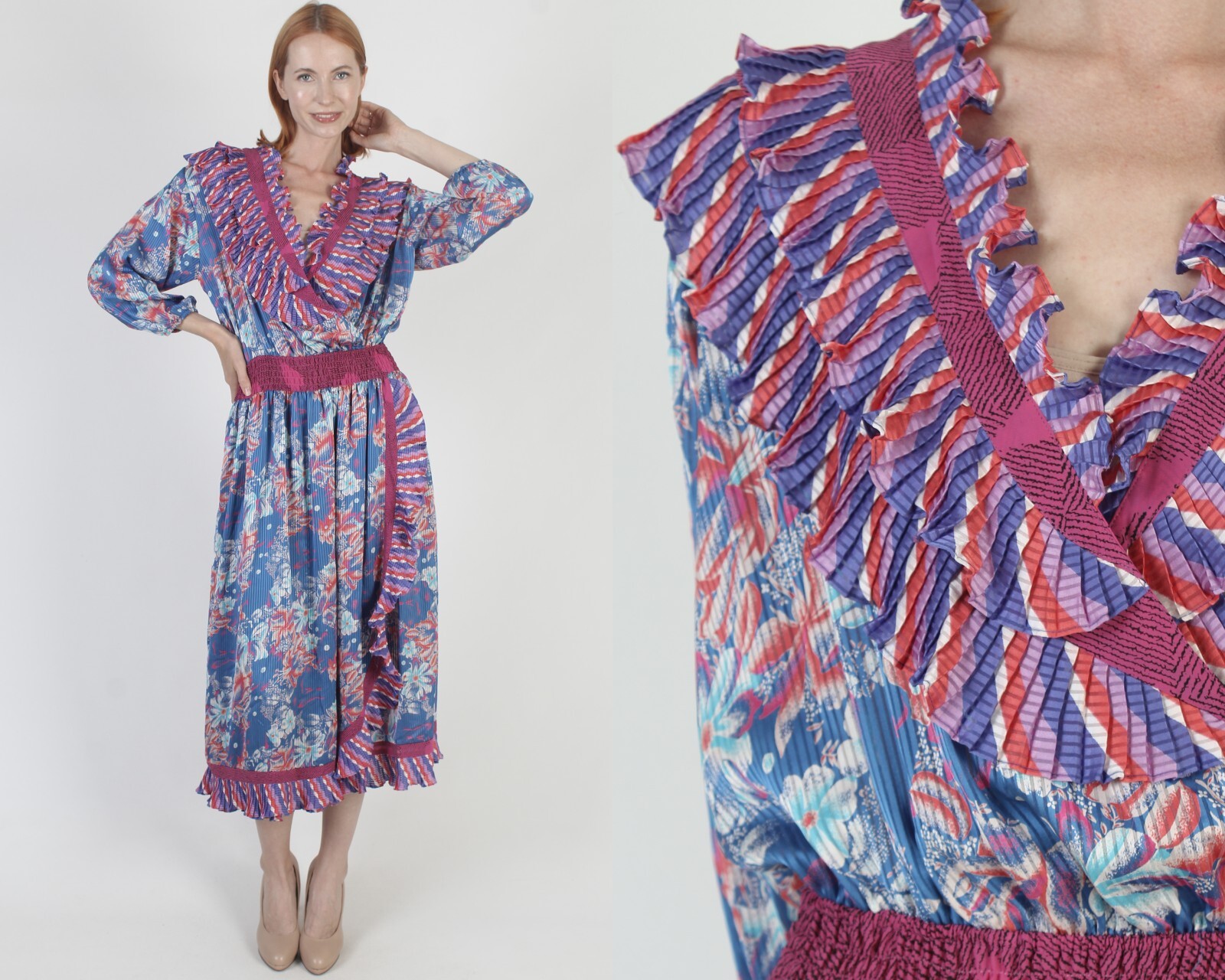 Vtg 80s Floral Georgette Ruffle Dress Deep V Cocktail Party Midi Retro Dress