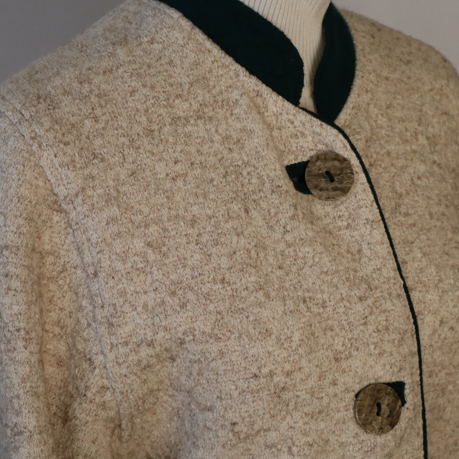 Vtg Wool Chenille Arber Jacket Tan, Green Knit w Embroidery Sz 36 Small Germany