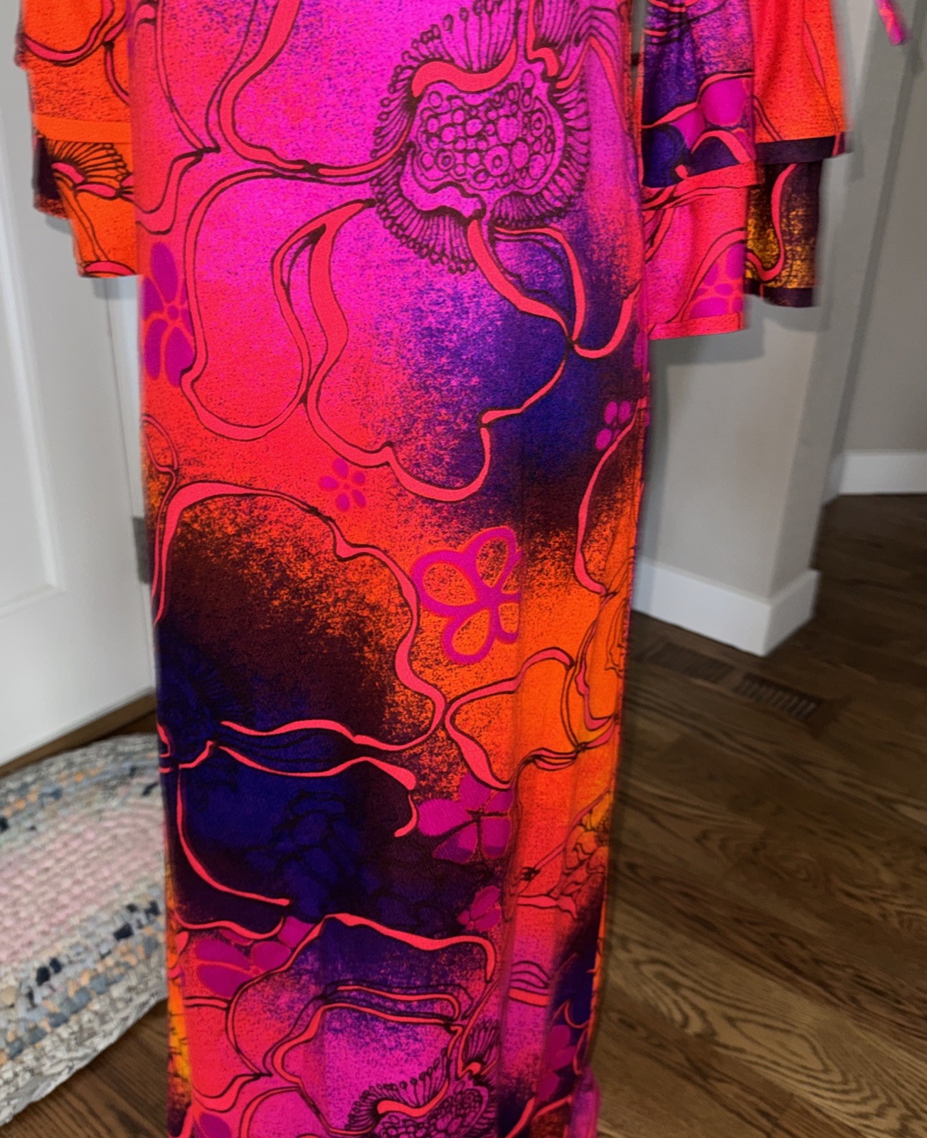 Vintage Sears Hawaiian Fashions Orange Purple Blue Barkcloth Maxi Dress 36” Bust