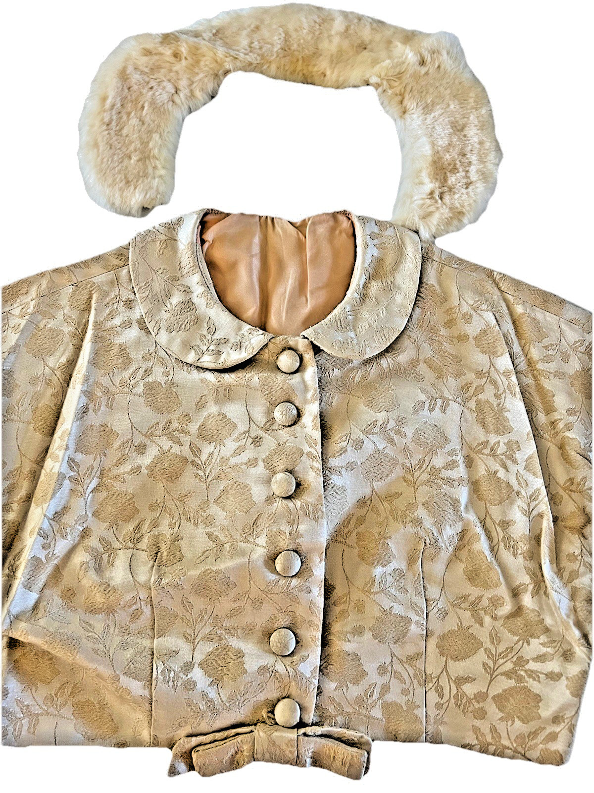 VTG 50s 2 Pc Fur Collar Crop Jacket & Ivory Damask Pencil Dress Suit Set Small**