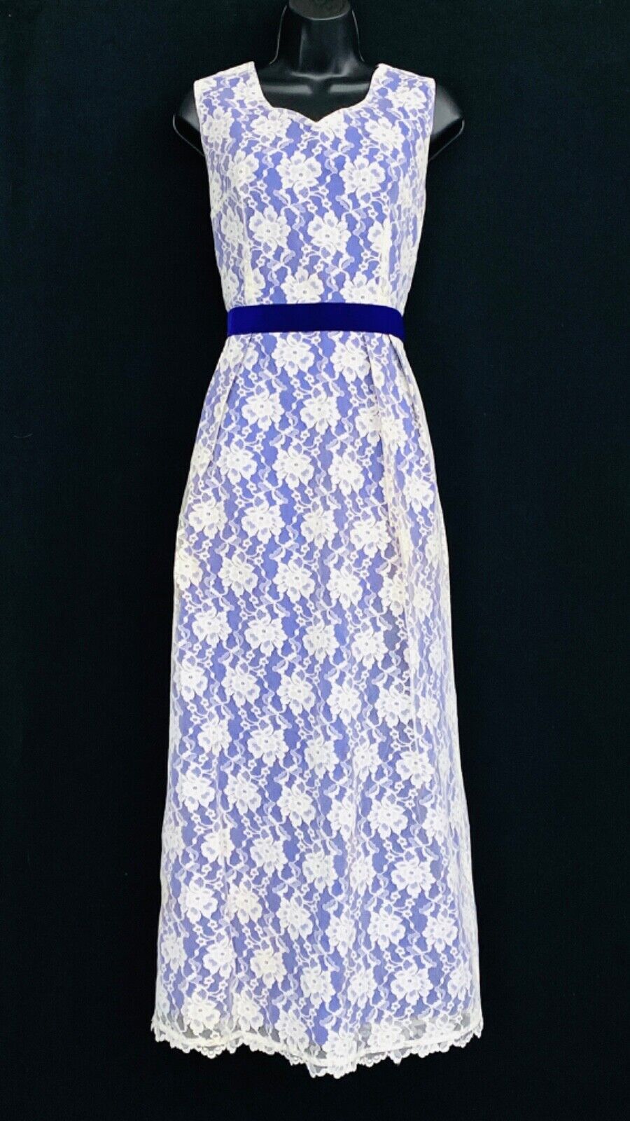 Vintage 1960s purple white lace formal dress, S sleeveless high waist