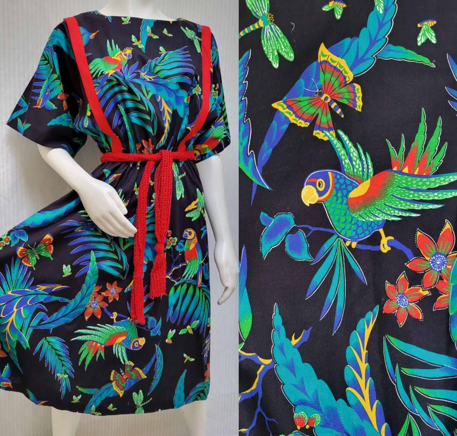 NWOT Vintage 80s ITEMS CALIFORNIA Tropical Parrot Butterfly Print Dress – S/M