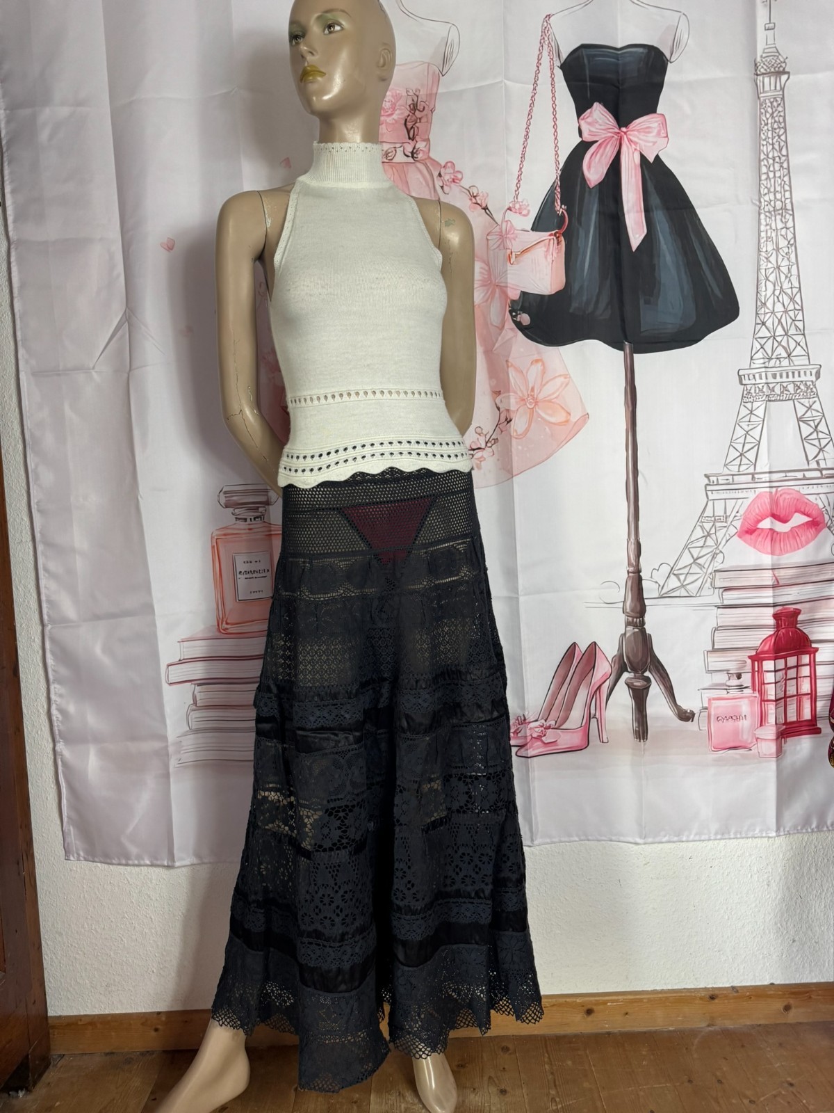 Antique Edwardian 1900 Cotton Gothic Lace Skirt Vintage 44/46
