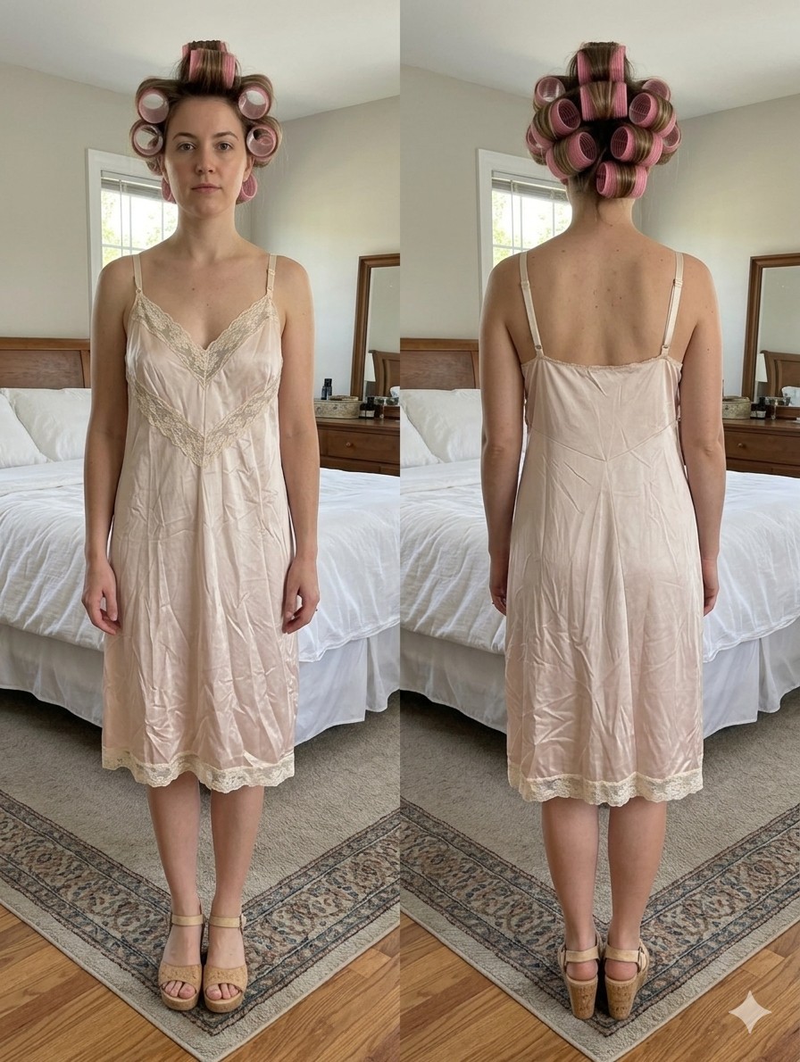 Vintage Montgomery Ward Full Slip Size 44 Pale Pink Nylon Lace Trim Made In USA