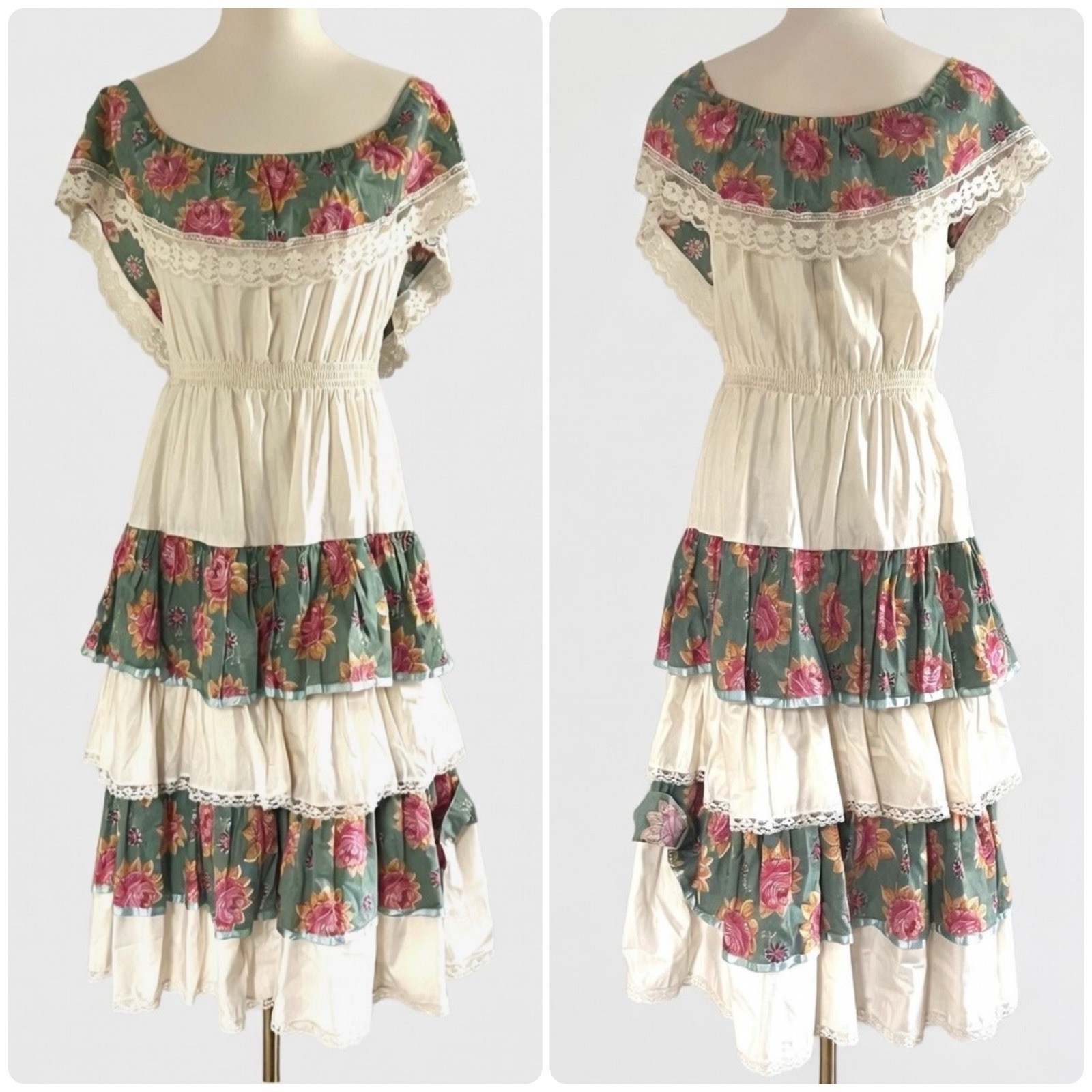 Vintage Young Edwardian by Arpeja Ivory Floral Lace Detail Ruffled Maxi Dress M