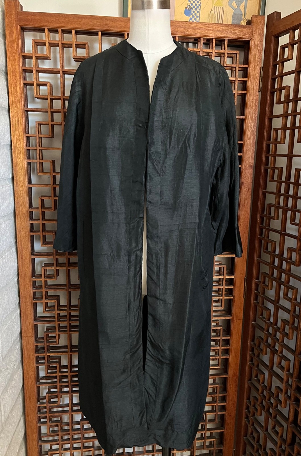 Silk Opera Coat NOS Black 1950s 1960s Evening Wear Formal Knee Length Swing M L