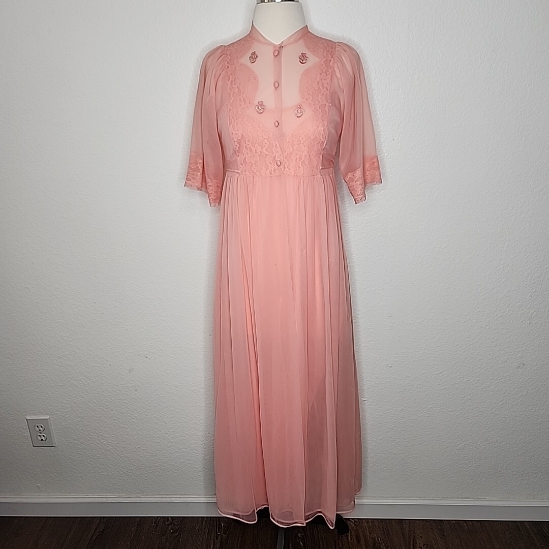 Texsheen Sm Long Penoir Set Pink Nightgown Sheer Robe Romantic Babydoll Dainty