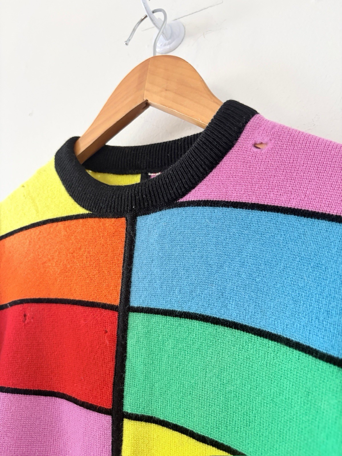 1960s Mod Geometric Color-Block Day Glo/Rainbow Wool Crewneck Sweater AS IS