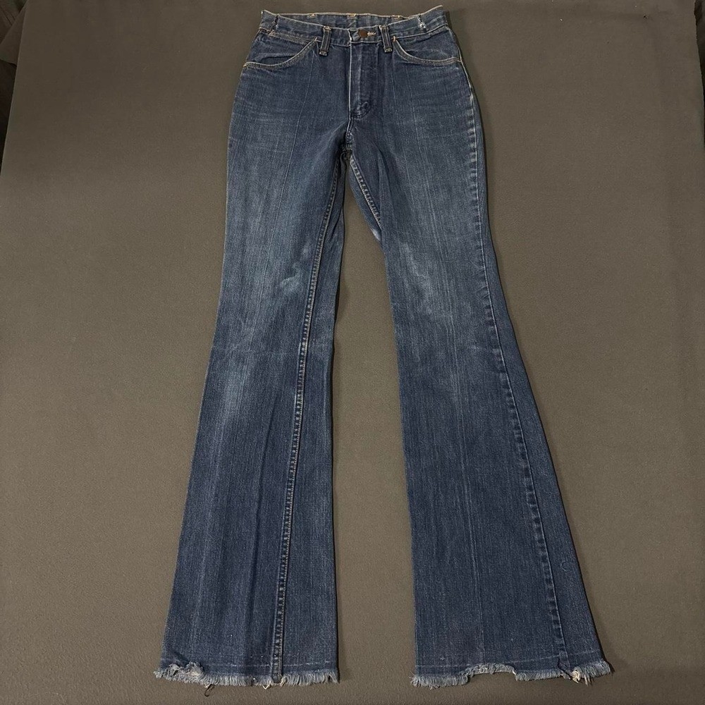 VTG 70s Wrangler Bell Bottom Flare Jeans USA Dark Wash Denim Frayed Hem 30×36