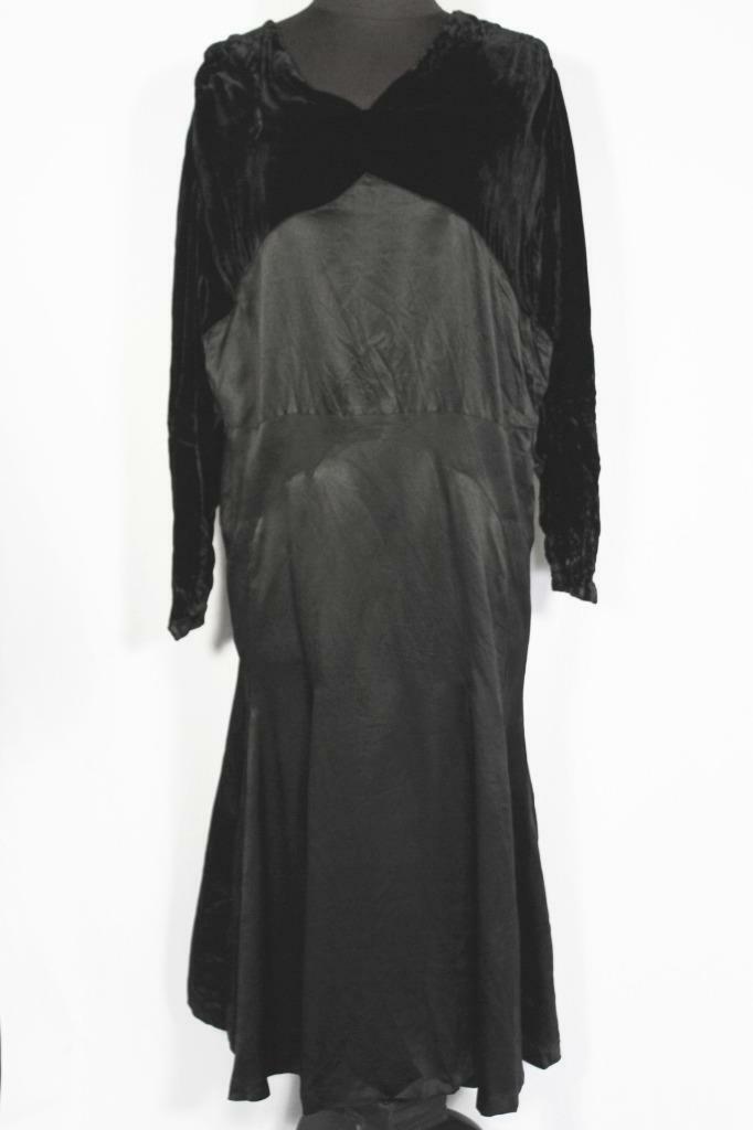 RARE FRENCH ANTIQUE EDWARDIAN-1920&rsquo;S BLACK SILK SATIN & VELVET DRESS SIZE 16-18