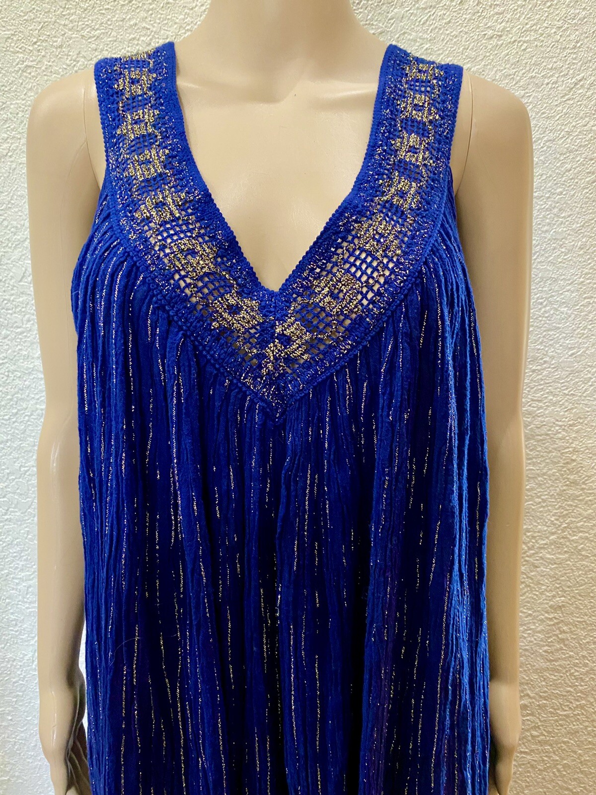 70s Boho Indigo Blue Sheer Cotton Gauze Gold Metallic Crochet Lace Sundress OS