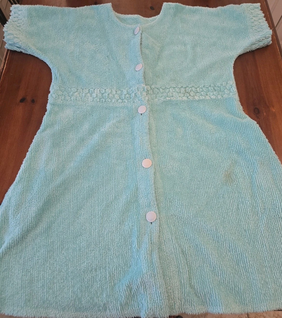 VTG Stan Herman Turquoise Chenille Short Robe House Dress Sz L Button Front S/S
