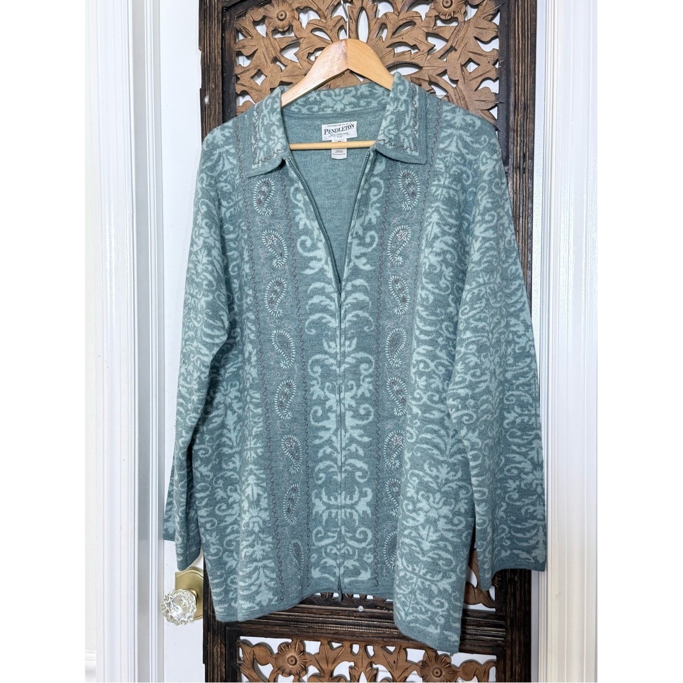 Pendleton Vintage 100% Merino Wool Zip Cardigan Sweater Plus Sz 3X Blue Paisley
