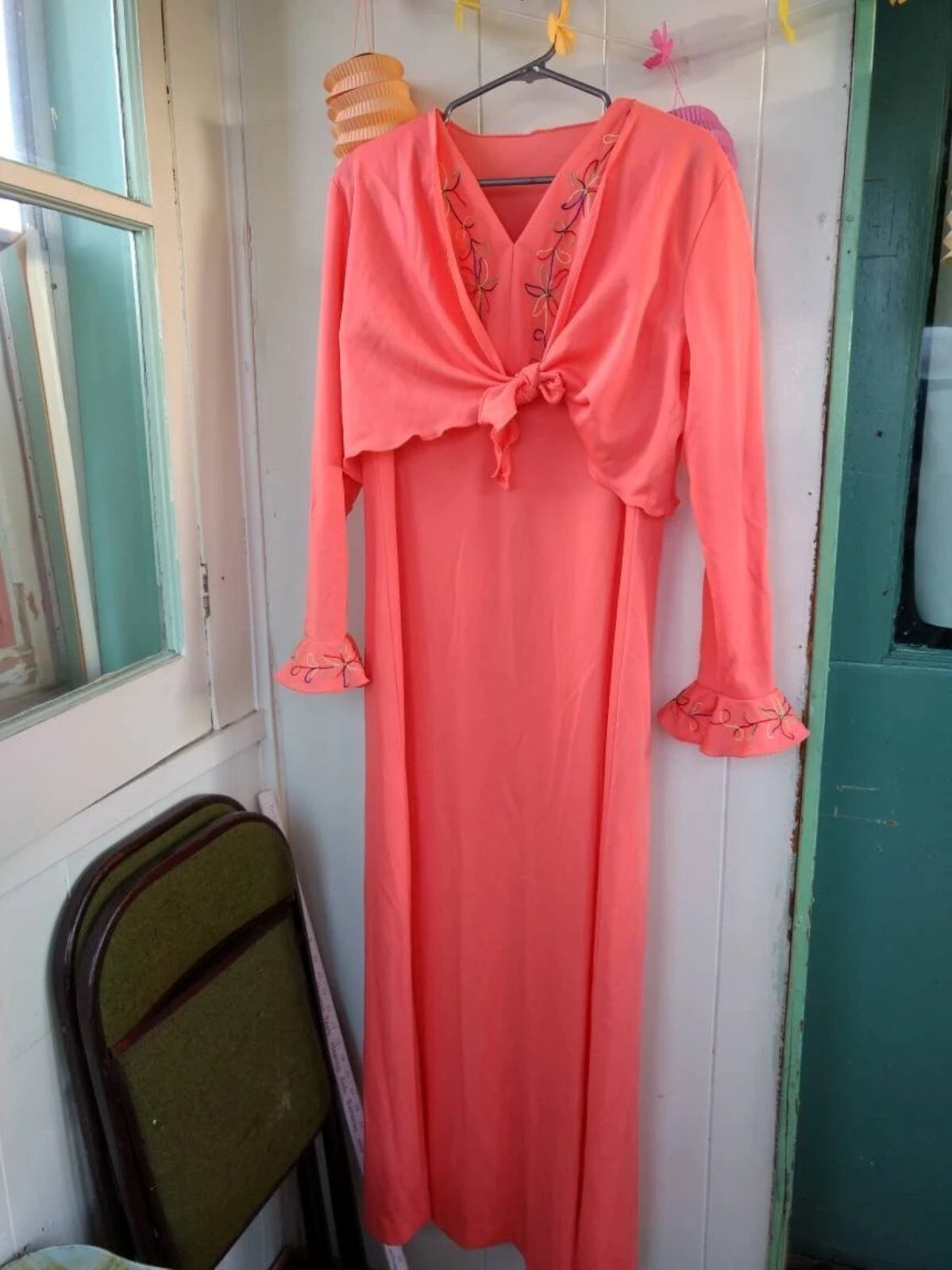 Vintage Dress with Jacket Bolero Shrug 44&Prime; Bust Peach Double Knit Polyester XL