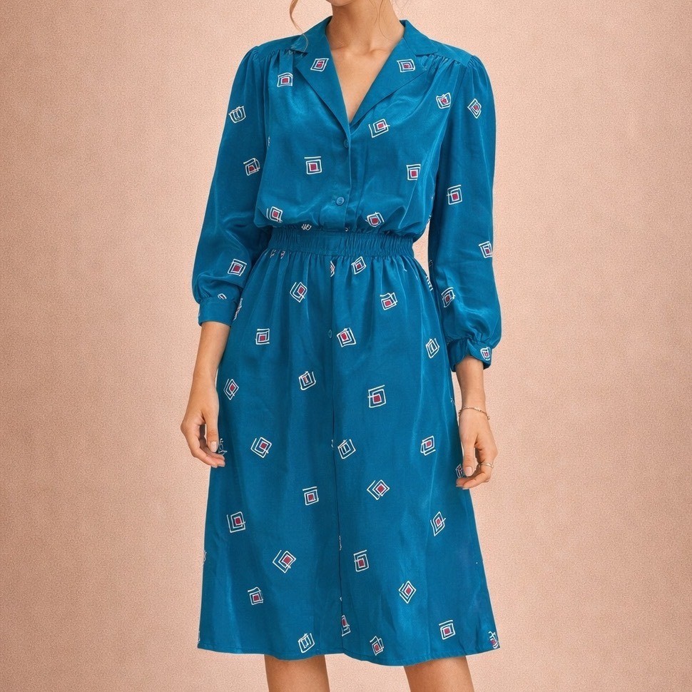 Petites for Maggy Vintage Teal Geometric Satin Midi Dress Size 4 Retro 80s G2